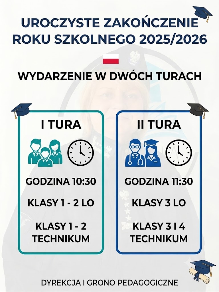 Zakończenie roku szkolnego odbywać się będzie w dw&oacute;ch turach. Klasy 1 - 2 LO i 1- 2 Technikum - godzina 10.30. Klasy 3LO i 3 i 4 Technikum - godzina 11.15.